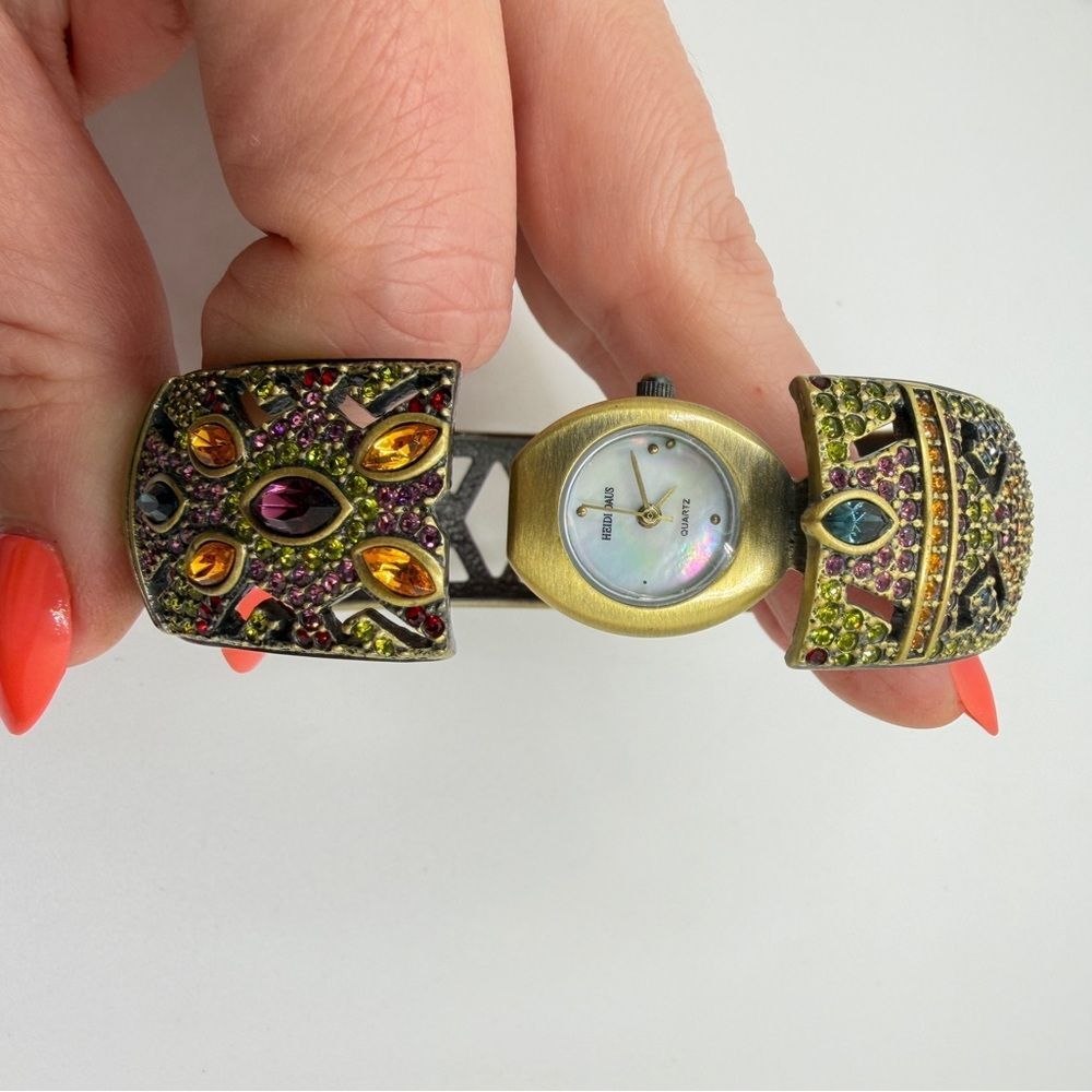 HeidiāDaus "Peekaboo" Watch hinged bracelet, crystal & bronze toned gold metal! - Picture 10 of 16